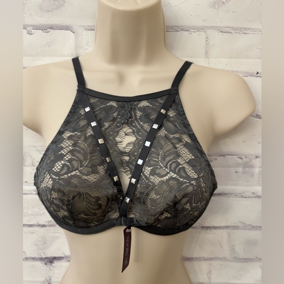 Adore Me 34A Emmeline Unlined Plunge Bra Lace High Neck Cup Stud Strap Sexy New - Picture 1 of 9